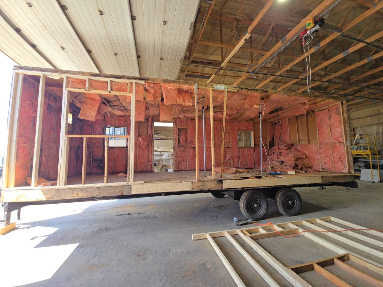 Office trailer with its side wall removed