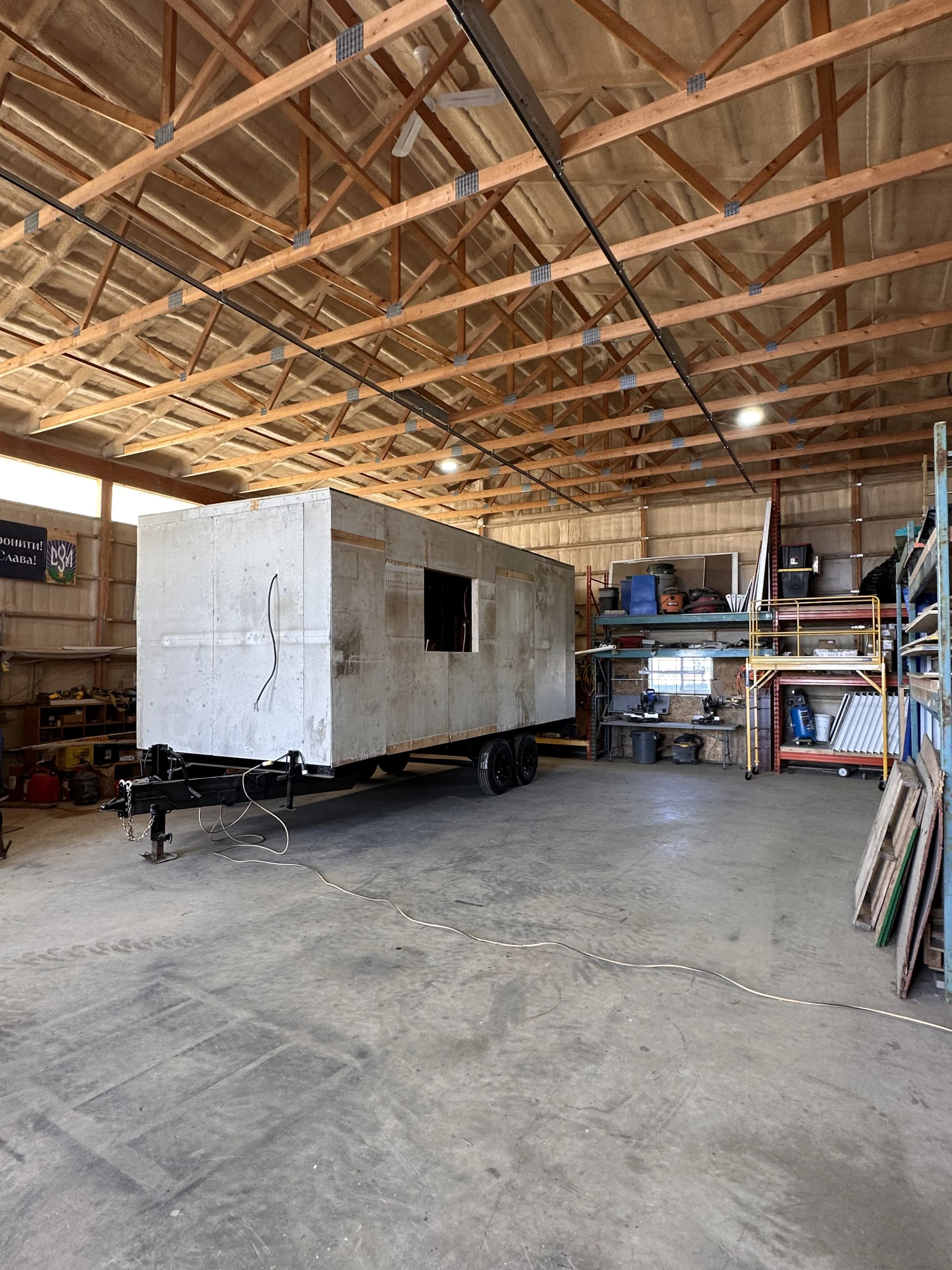 Trailer being refurbished indoors