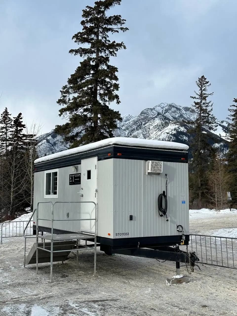 Office trailer serving as event headquarters for Banff tourism event